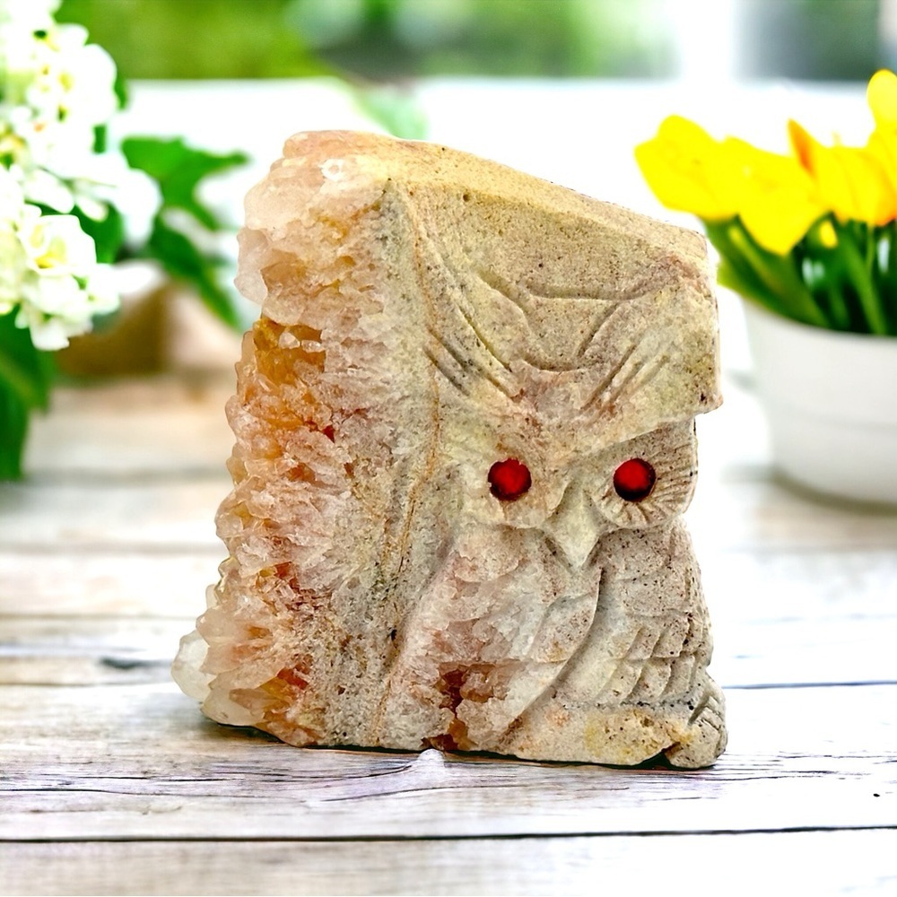 Owl Hand Carved Natural Quartz Healing Crystal Geode